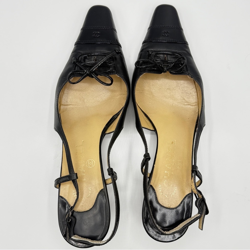 Vintage Chanel Patent Lambskin Black Leather CC Logo Ankle Buckle Slingback Heel